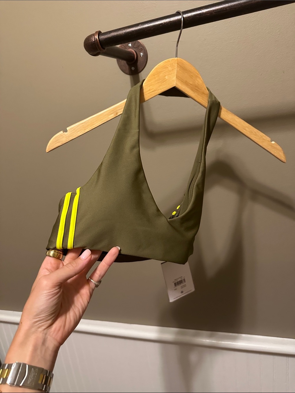 The Upside Olive Green Halter Sports Bra with Neon Yellow Trim